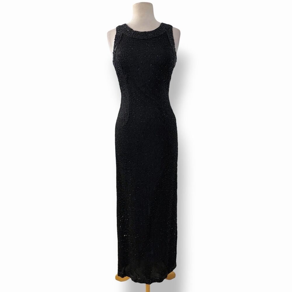 VTG Laurence Kazar 90s Whimsigoth Black Beaded Silk Column Evening Maxi Gown S